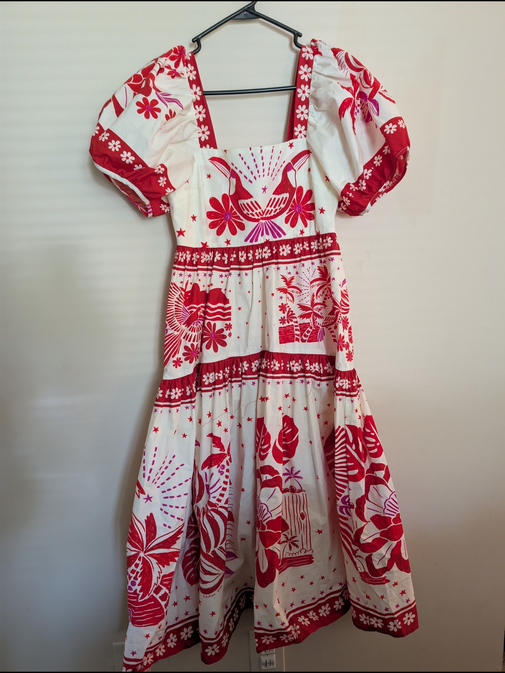 FARM Rio Red & White Toucan Tropical Print Puff Sleeve Tiered Midi Dress XS - Picture 1 of 8